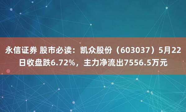 永信证券 股市必读：凯众股份（603037）5月22日收盘跌6.72%，主力净流出7556.5万元